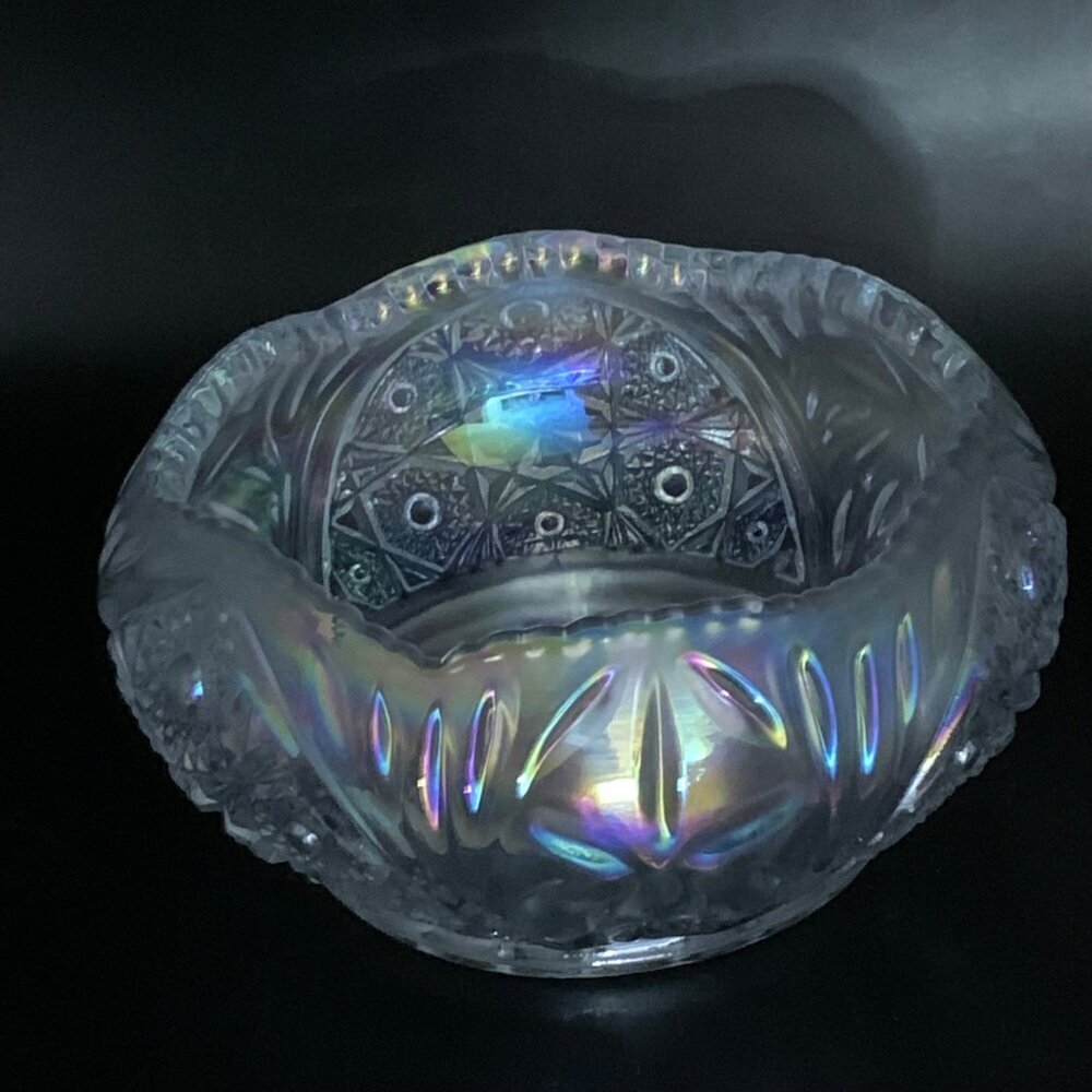 LE Smith Clear Carnival Iridescent Glass Hobstar Pattern Design Bowl